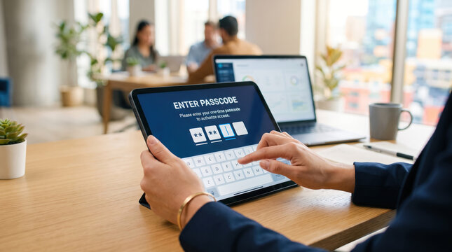 Passcode verification protects digital identity through secure sign in process that builds trust while person enters code on tablet.
