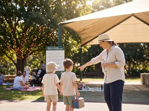 Woman Guides Children Outdoors on Southern Hemisphere Holiday Heat Safety