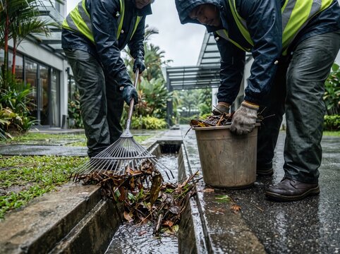 Workers Clearing Debris During Tropical Rainy Season Holiday Operations