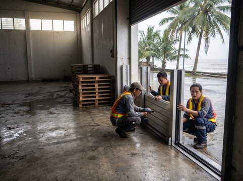 Workers install flood barriers for tropical rainy season holiday operations