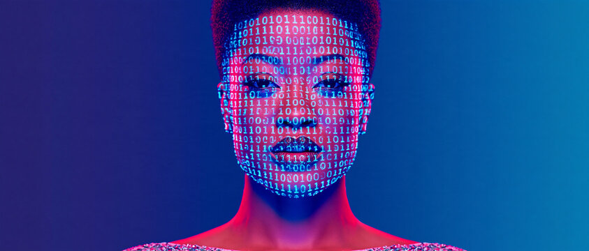 Close-up of an enigmatic African American woman's face illuminated by vibrant neon lights, showcasing a dynamic projection of binary code, symbolizing artificial intelligence, data, digital