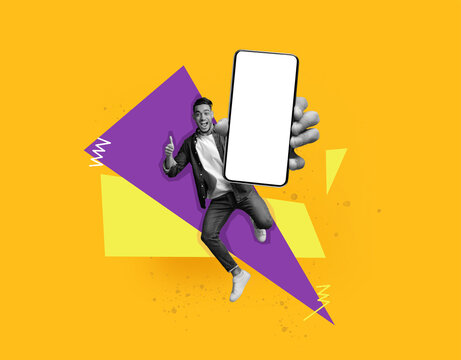 Excited Young Male Jumping In Air With Smartphone And Giving Thumbs Up While Smiling. Portraying Energy And Joy In Outdoor Setting Filled With Bright Colors And Creative Design Elements.
