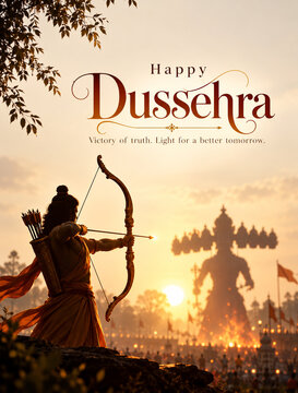 happy dussehra heroic archer silhouette poster, golden sunrise rama shooting bow graphic, victory of truth over evil banner, ten headed ravan effigy ramayana artwork, cultural religious vijayadashami 