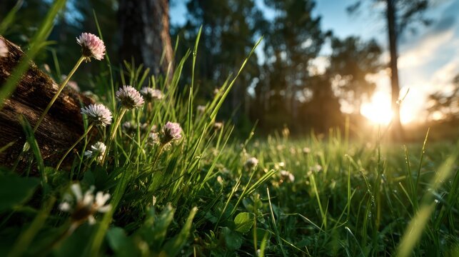 A peaceful landscape featuring blooming flowers in lush green grass, bathed in soft sunlight, perfect for evoking feelings of tranquility and a deeper connection with nature.