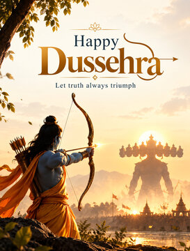 happy dussehra epic archer warrior poster, lord rama golden bow arrow graphic, burning giant effigy ten heads banner, dramatic sunset triumph good over evil artwork, hindu mythological battle victory 