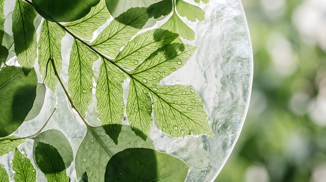 Sunlit Botanical Leaves Behind Textured Glass With Delicate Veins