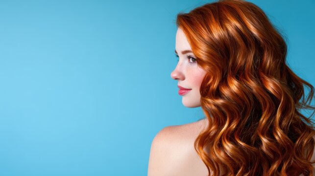 A stunning side profile of a young woman with luscious red hair, expressing beauty and confidence against a bright blue background that enhances her vibrant features.