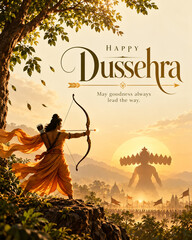 Obraz na płótnie Canvas happy dussehra lord rama bow arrow poster, victory of good over evil festival graphic, ravan effigy burning golden sunset banner, hindu mythological archer hero battle artwork, divine triumph ramayana