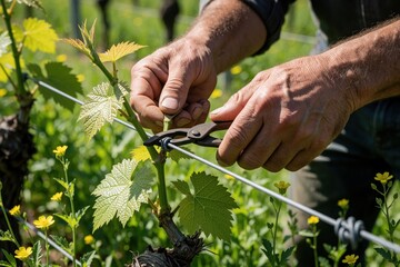 Fototapeta premium Farmer hands use tapener tool to tie young grapevine shoots to metal support wire. Worker performs vineyard maintenance, plant care in sunny field. Manual agricultural labor ensures healthy grape