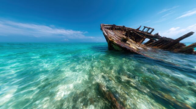 A striking view of a sunken ship against vibrant turquoise waters, reflecting sunlight and showcasing the beauty of nature's resilience and creativity in underwater landscapes.