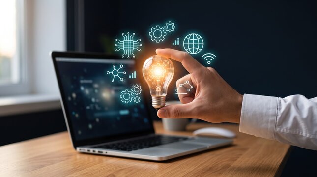 Innovative lightbulb idea held by hand near laptop, business technology concept, creative solution and startup strategy with glowing digital icons