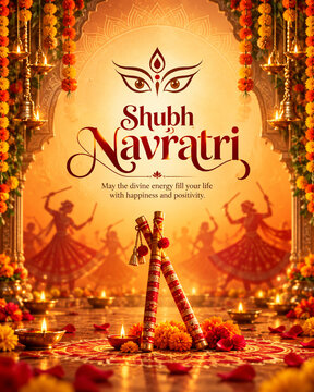 shubh navratri golden yellow festive poster, dandiya sticks garba dance celebration graphic, hindu goddess durga divine blessings banner, traditional nine nights festival cultural artwork, ethnic mari