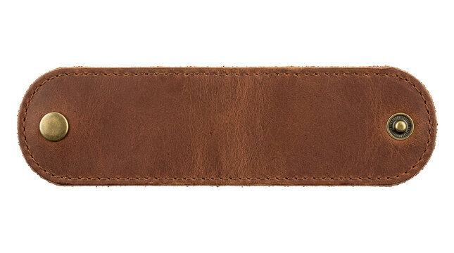 Brown leather patch with brass button and stitching detail