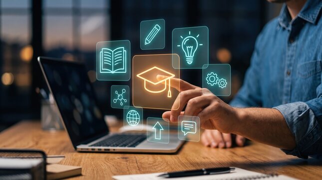 Online education platform interface with student touching glowing graduation cap icon, digital e-learning concept photo