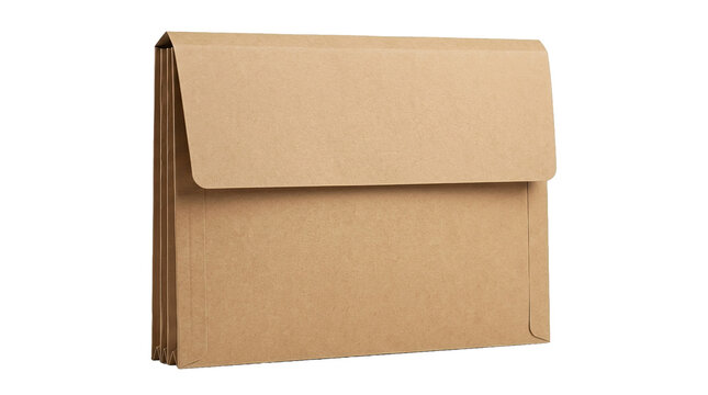 Brown kraft accordion file folder with expanding pockets on white background