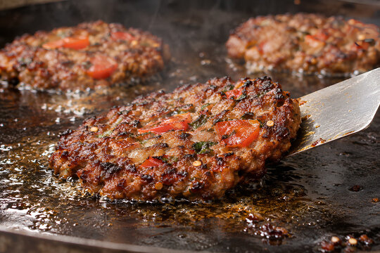 Chapli Kebab Lifted with a Spatula from a Sizzling Iron Griddle