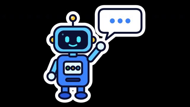 Cute blue AI robot chatbot sticker waving hello next to a speech bubble, on a transparent background. The robot bobs and tilts its head, waves its arm, blinks its screen eyes and its antenna light glo