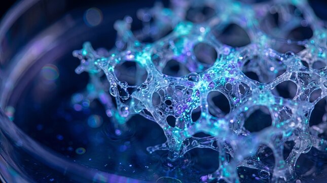 Glowing porous bio scaffold with blue and violet light, abstract medical tissue growth scene concept
