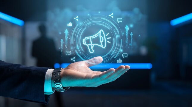 Businessman hand presenting glowing digital megaphone icon hologram with social media symbols, marketing and communication concept, digital advertising on dark blue futuristic background