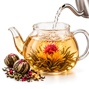 Blooming flower tea steeping inside transparent glass teapot with hot water being poured