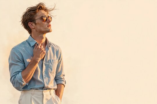 Stylish young man wearing sunglasses and blue shirt standing in
