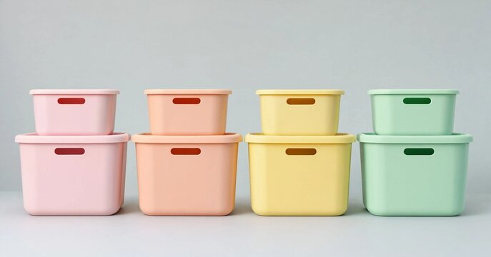 Set of pastel colored plastic storage boxes stacked on a neutral grey background for home organization and minimalism