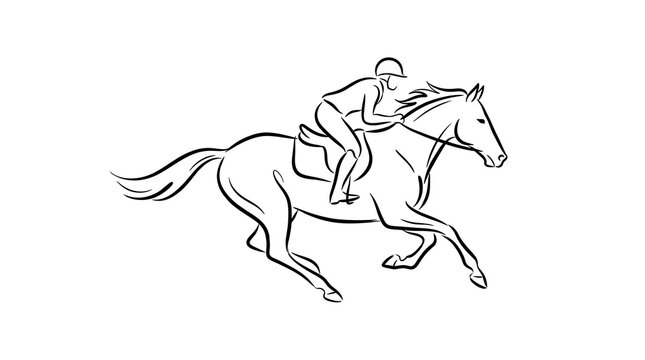 Continuous one line drawing of jockey riding galloping horse isolated on white background