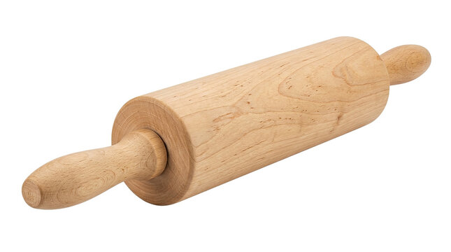 Wooden rolling pin with handles on white background