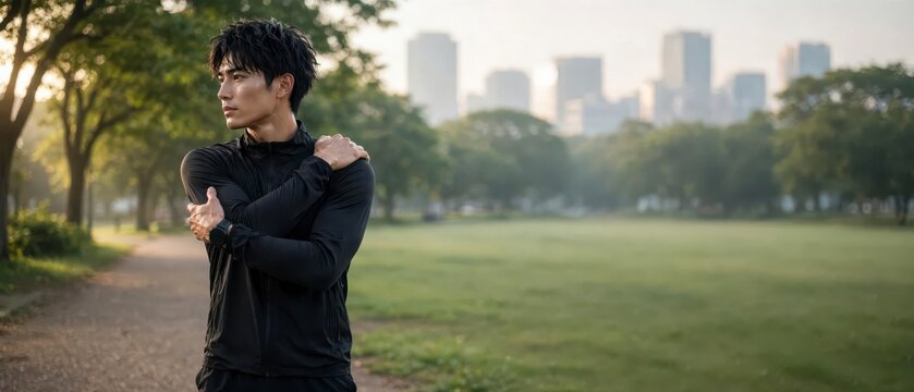 Fit asian man stretching arms before morning run in city park with