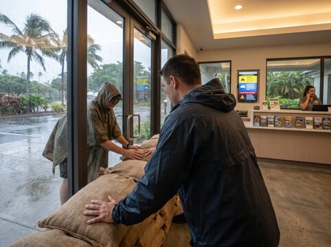 People placing sandbags for tropical rainy season holiday operations
