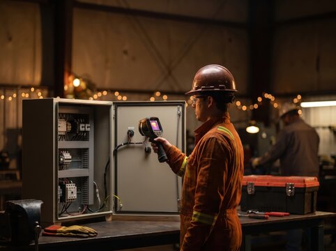 Technician Inspects Electrical Panel During Year End Industrial Shutdown