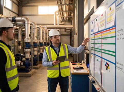 Technician planning year end industrial shutdown near machinery