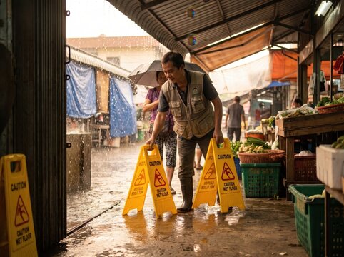 Vendors place caution signs during tropical rainy season holiday operations