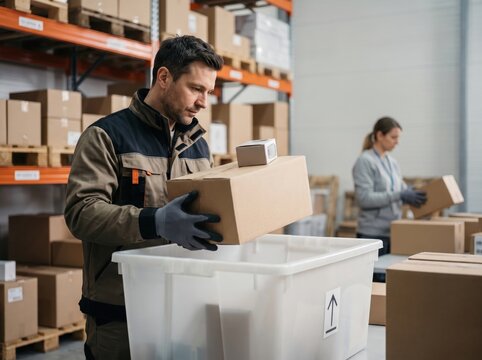 Warehouse Technician Handling Holiday Returns Reverse Logistics Boxes