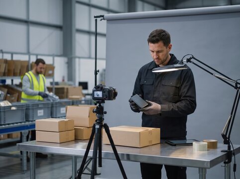 Warehouse Technician Inspecting Items for Holiday Returns Reverse Logistics