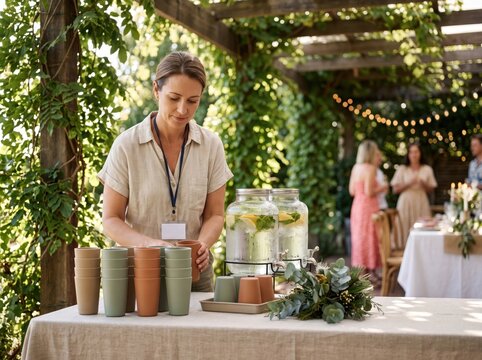 Woman serving refreshing drinks at outdoor event, southern hemisphere holiday heat safety