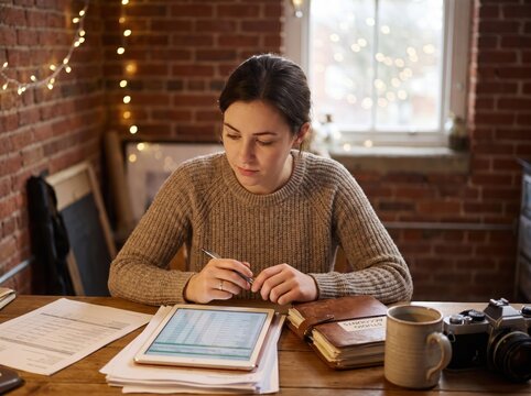 Woman focused on small business year end close on tablet