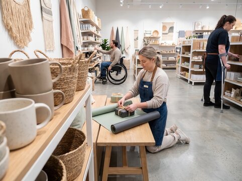 Woman wrapping gifts for accessible holiday shopping event