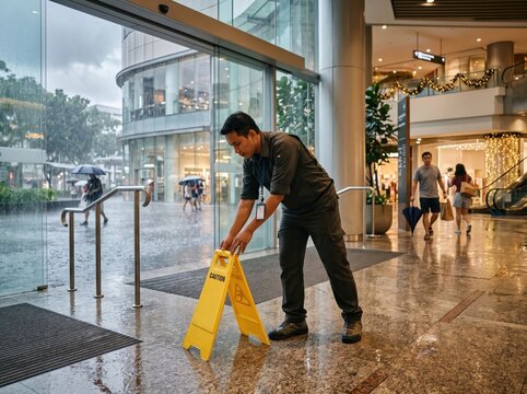 Worker places wet floor sign at shopping center entrance during tropical rainy season holiday operations