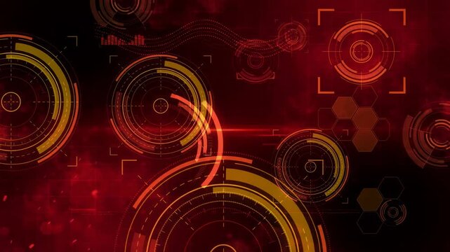 Red HUD rings and gauges over dark red background