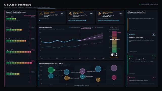 An AI-powered SLA risk prediction dashboard displays historical performance and future trajectories with animated data visualizations in a sleek dark theme.