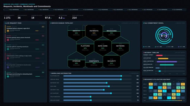 A seamless looping animation of an enterprise service delivery command center dashboard displaying live requests, incidents, workloads, and commitments in a modern interface.