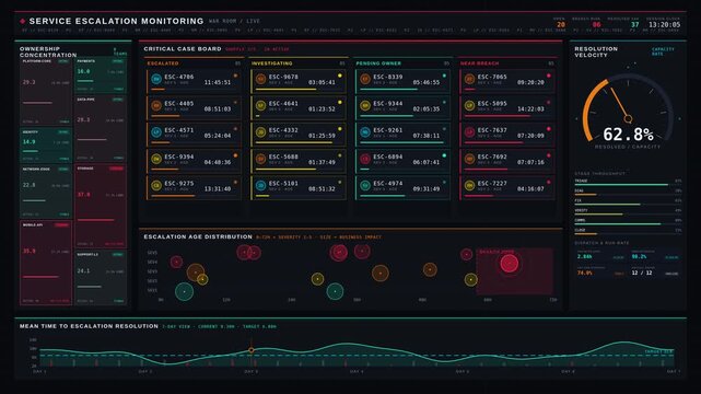 Service escalation monitoring dashboard with critical case board, ownership treemap, and resolution velocity gauge in dark war-room style for commercial creative technology and business use.