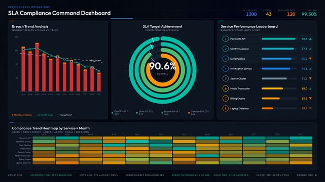 SLA compliance dashboard animation showcasing target achievement, breach trends, and service performance with vibrant color transitions and dynamic visual elements.