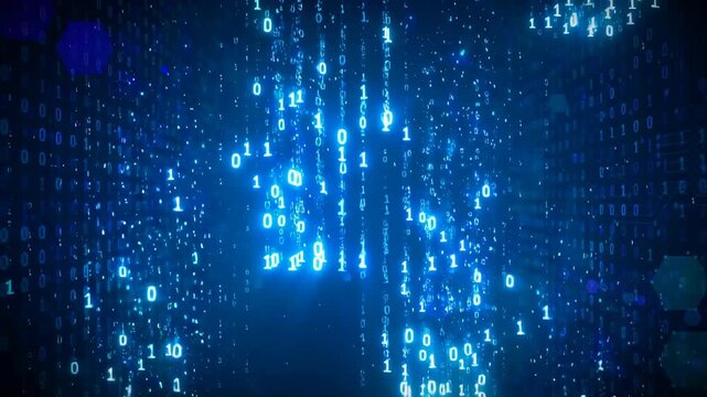 Blue binary digits raining on dark background
