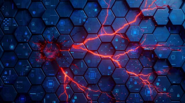 Red cracks spreading across blue hexagonal tile wall