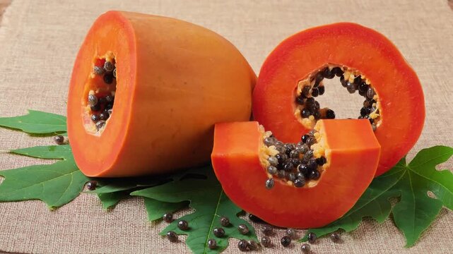 Halved Papaya Placed on Papaya Leaves