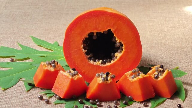Halved Papaya Placed on Papaya Leaves