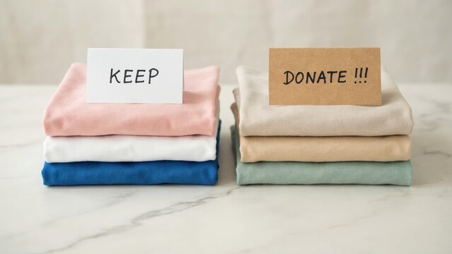 Two folded clothing stacks with Keep and Donate signs on a table.