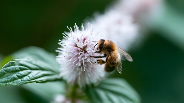 A bee collects nectar from a delicate pink flower head against a soft green background  showcasing nature s intricate beauty
